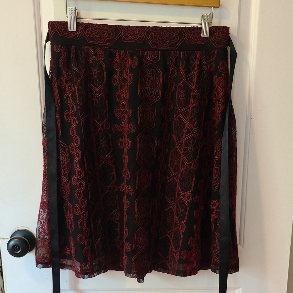 Joe B Embroidered Floral Red And Black Gothic Midi Skirt